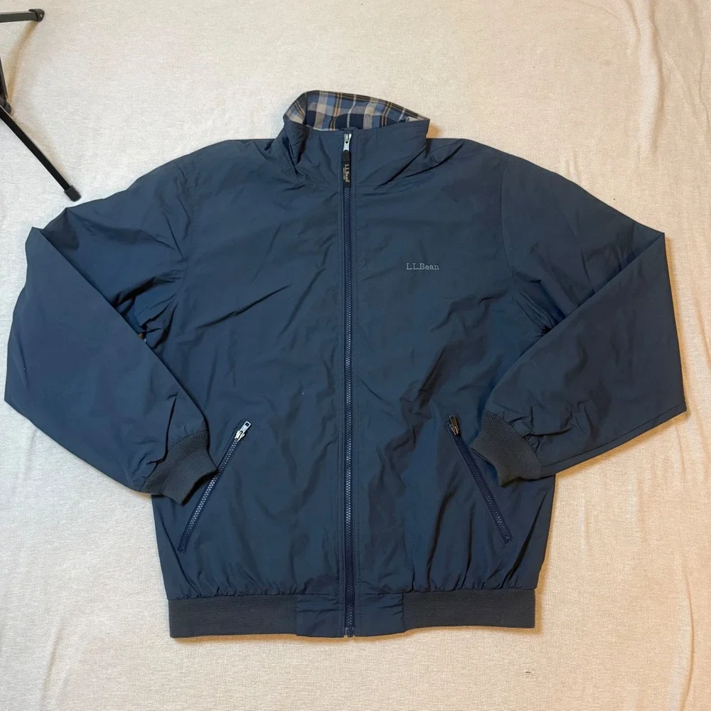 LL Bean Warm-Up Jacket Mens M Tall Blue Flannel Lined Bomber Full Zip 500396
